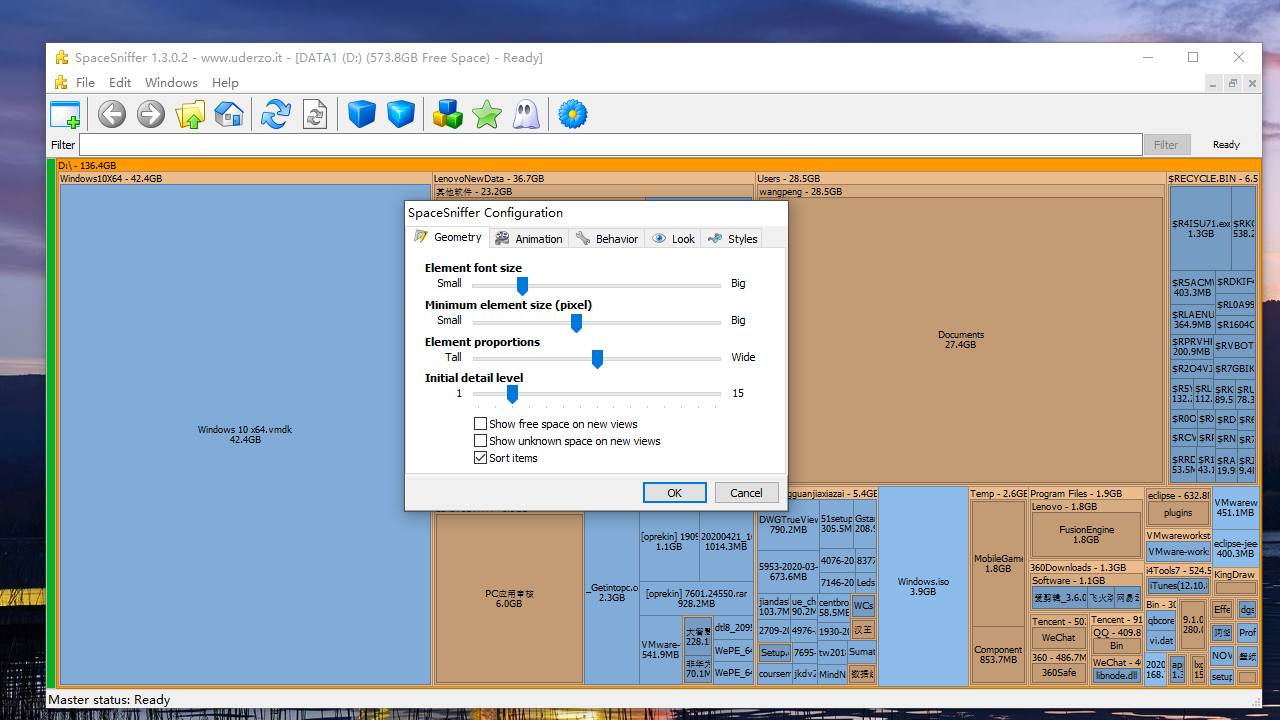 SpaceSniffer 1.3.0.2 树形块图与显示设置界面实图